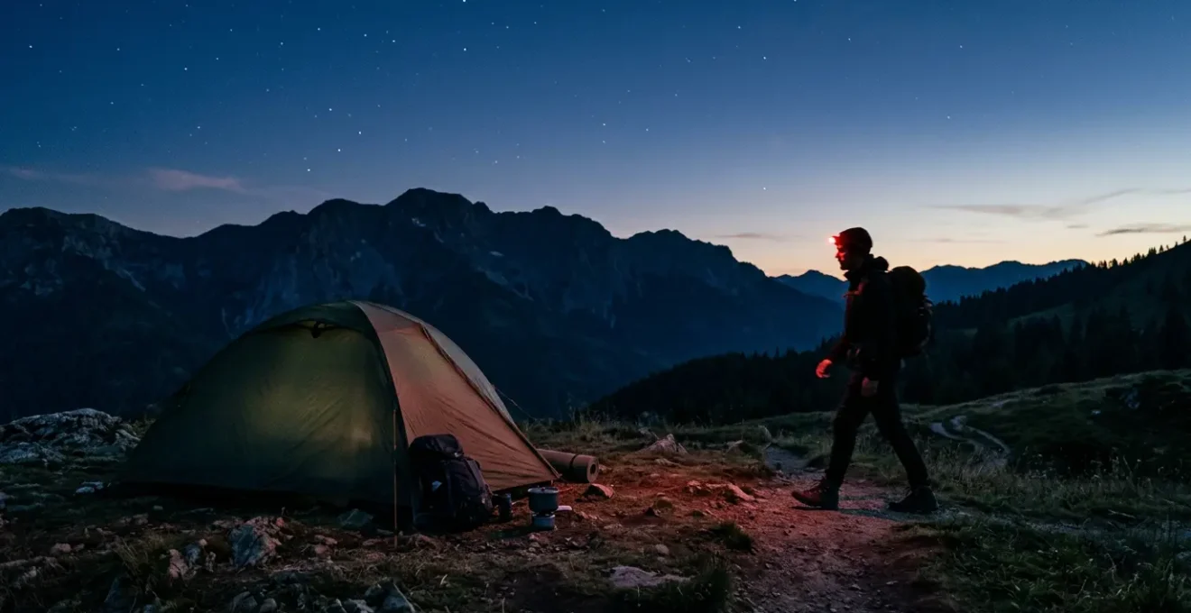 Camper navigating campsite at night with red light headlamp preserving night vision