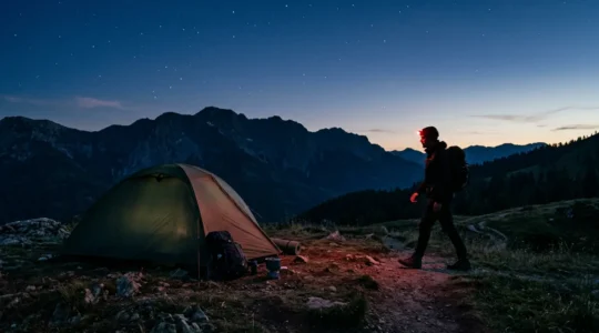 Camper navigating campsite at night with red light headlamp preserving night vision