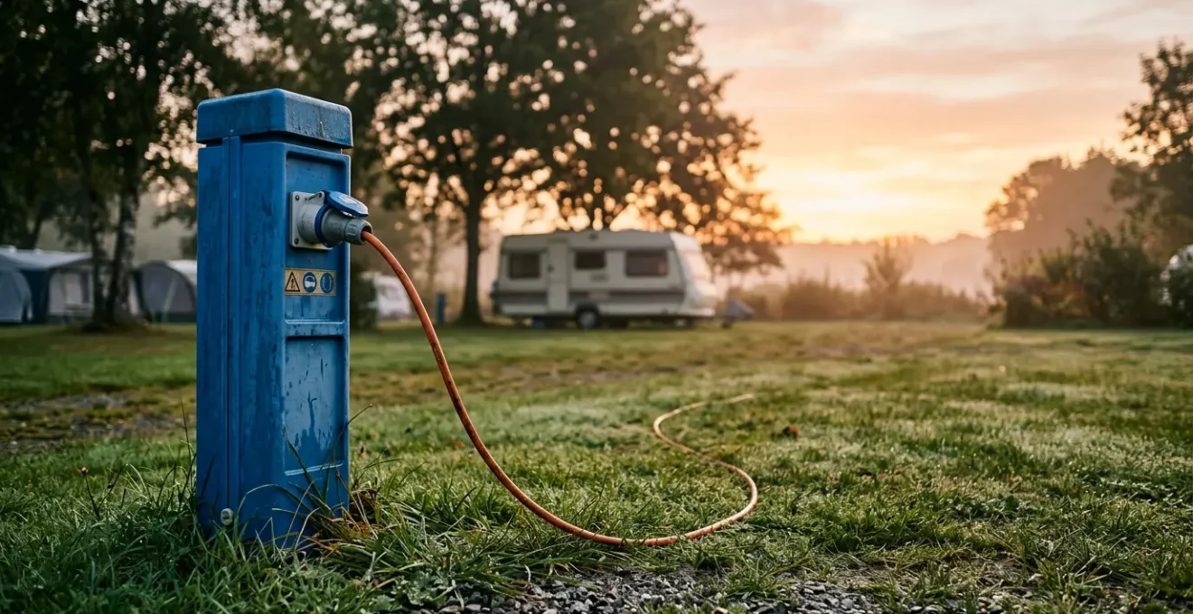 Weatherproof blue CEE electrical hookup pedestal at camping pitch with power cable at dawn