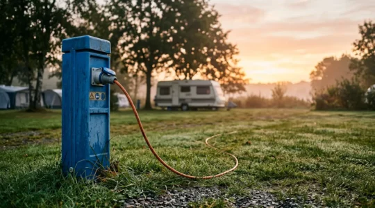 Weatherproof blue CEE electrical hookup pedestal at camping pitch with power cable at dawn