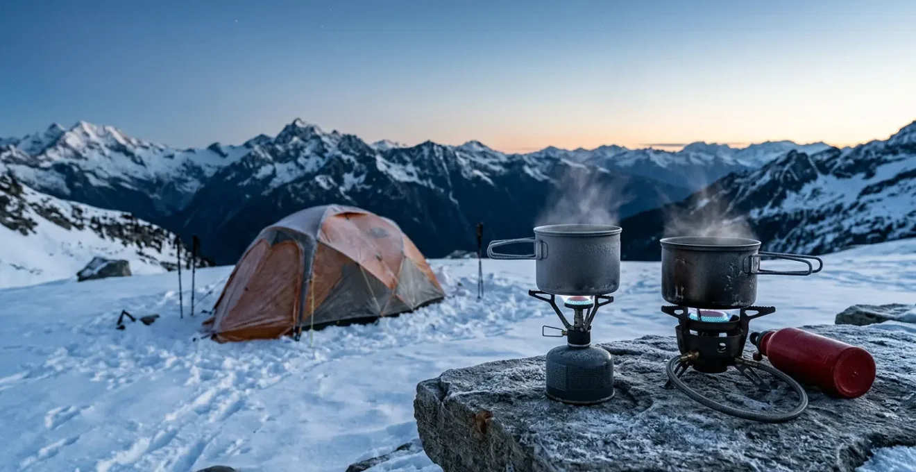 Camping stove equipment comparison in harsh winter mountain environment showing technical detail
