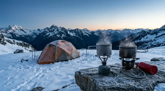 Camping stove equipment comparison in harsh winter mountain environment showing technical detail