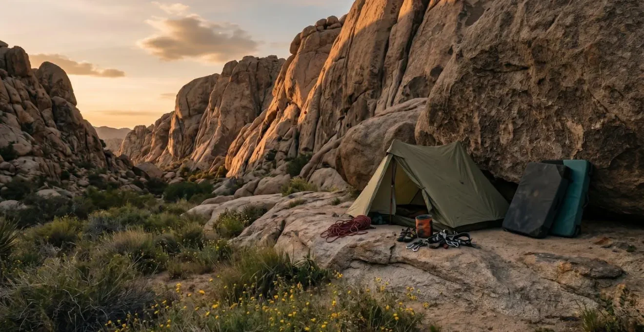 Climbing basecamp at rocky crag with organized gear and tent setup