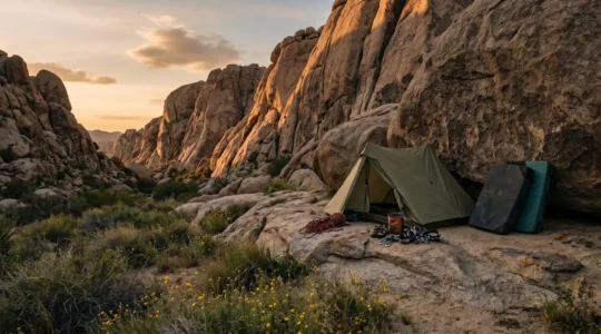 Climbing basecamp at rocky crag with organized gear and tent setup