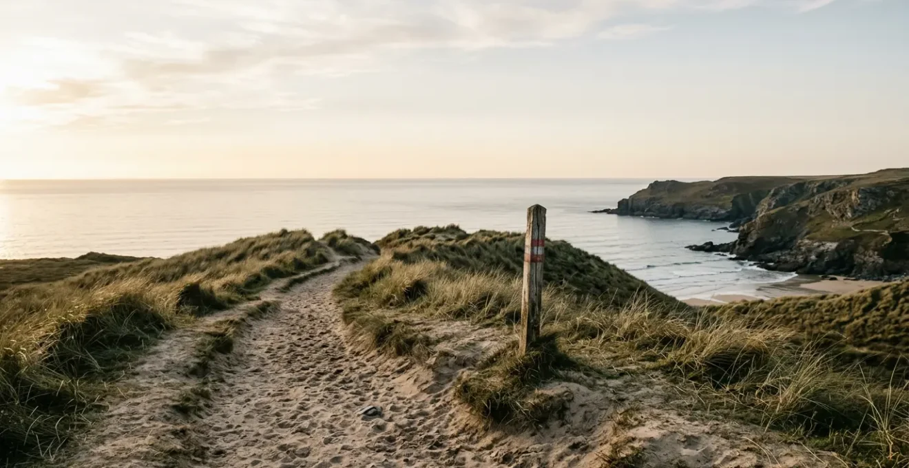 Coastal pathway with subtle boundary markers leading to secluded beach cove under natural light