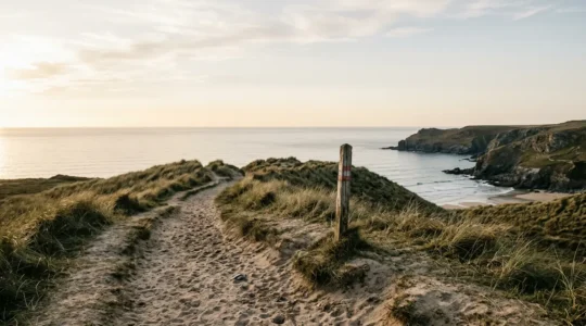 Coastal pathway with subtle boundary markers leading to secluded beach cove under natural light