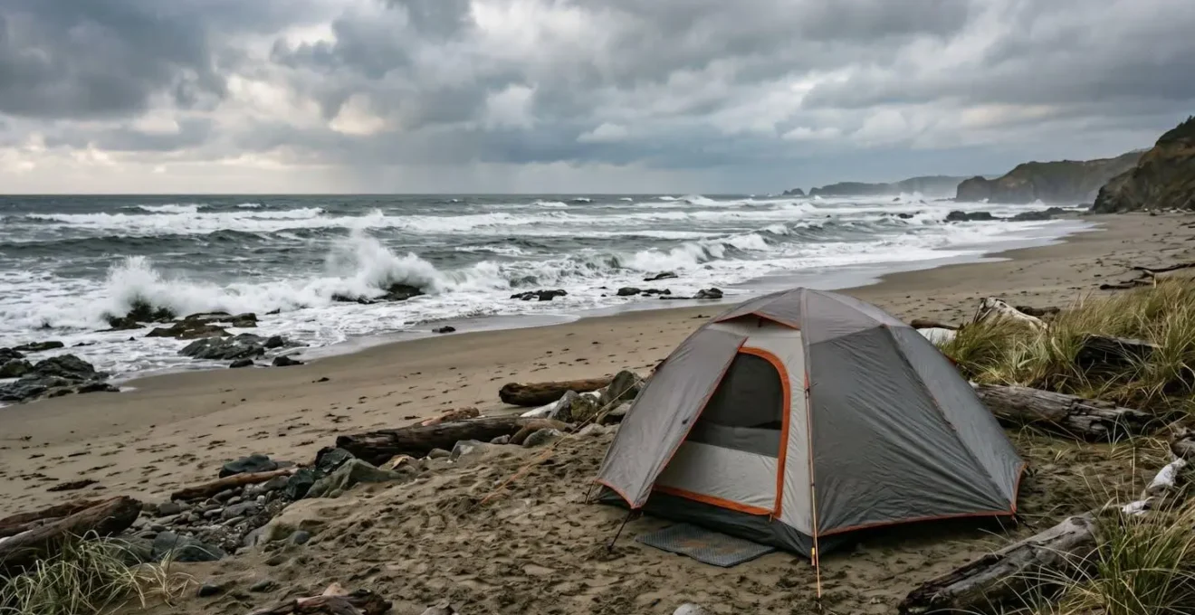 Coastal camping tent securely anchored against strong winds near dramatic ocean shoreline