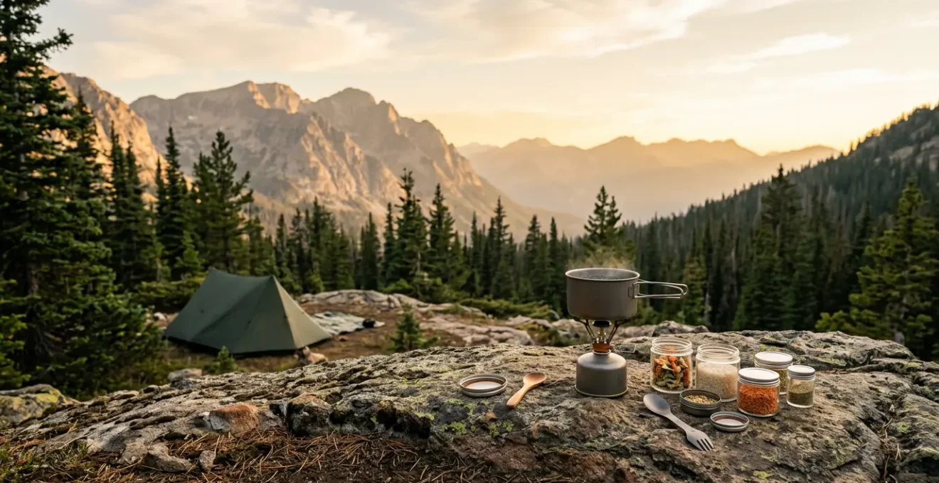 Backpacker preparing dehydrated meals in wilderness camp setting