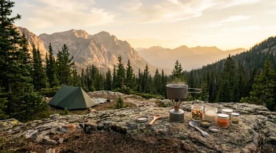 Backpacker preparing dehydrated meals in wilderness camp setting