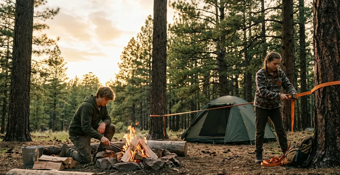 Family camping scene with teenagers engaged in outdoor activities away from digital devices