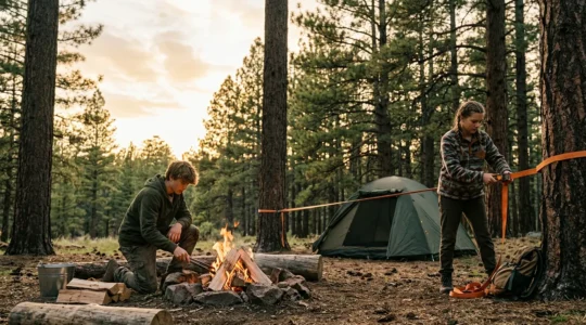 Family camping scene with teenagers engaged in outdoor activities away from digital devices