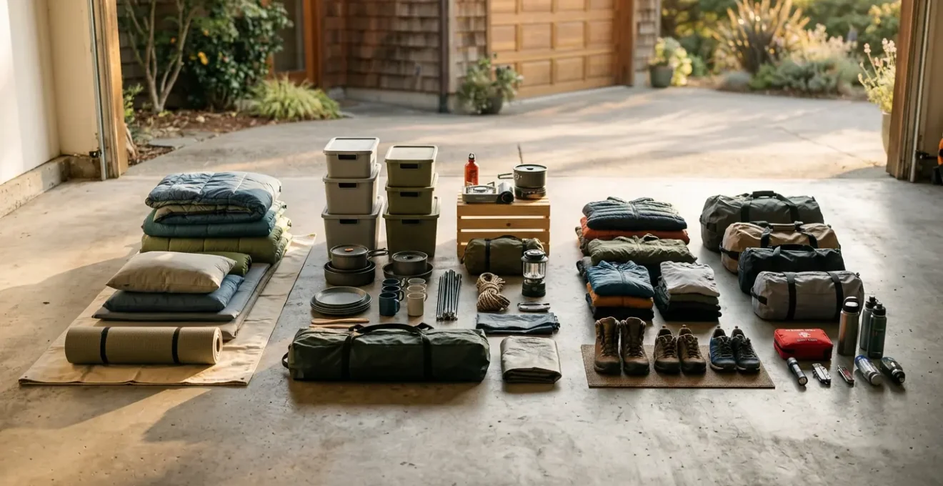Organized camping gear layout showing systematic trip preparation process