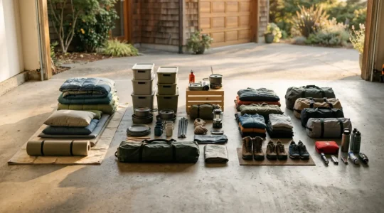 Organized camping gear layout showing systematic trip preparation process