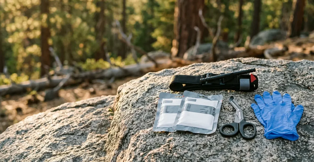 Wilderness first aid kit open showing essential trauma supplies for camping emergencies