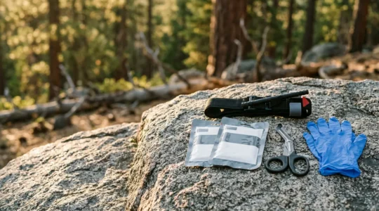 Wilderness first aid kit open showing essential trauma supplies for camping emergencies