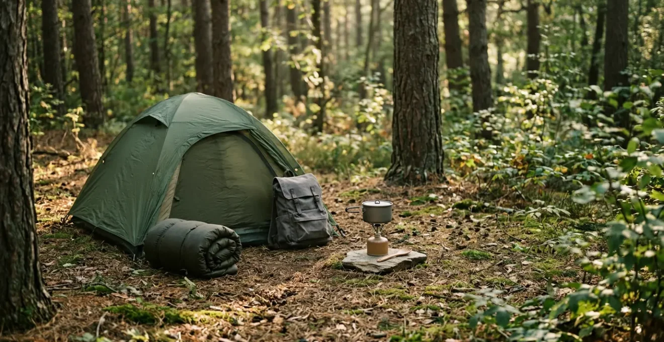 Minimalist camping setup showcasing essential gear organized on natural ground with intentional negative space