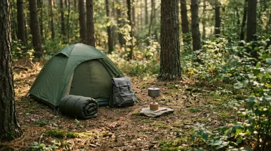 Minimalist camping setup showcasing essential gear organized on natural ground with intentional negative space