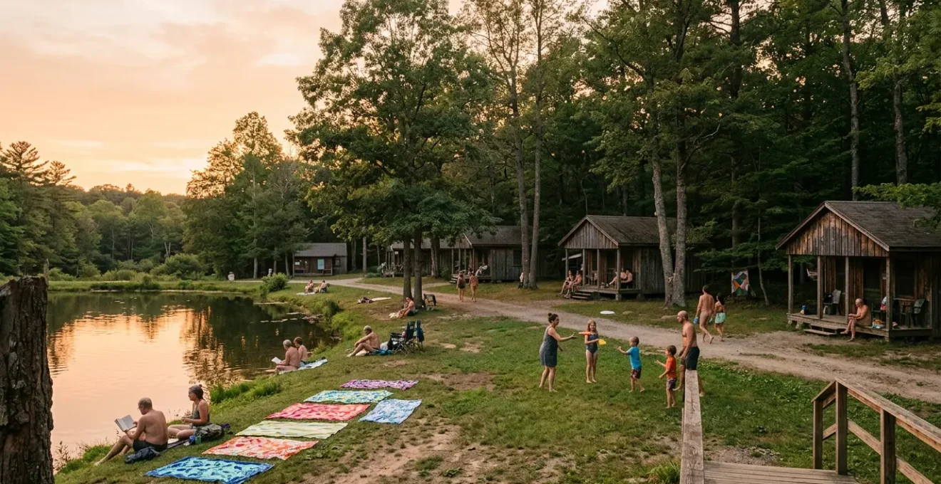 Person standing at the edge of a serene naturist campsite surrounded by nature, showing body-neutral freedom and peaceful atmosphere