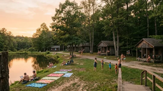 Person standing at the edge of a serene naturist campsite surrounded by nature, showing body-neutral freedom and peaceful atmosphere