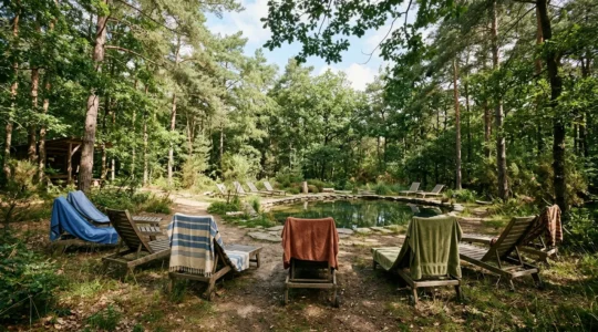 Peaceful naturist camping environment with natural surroundings and open space