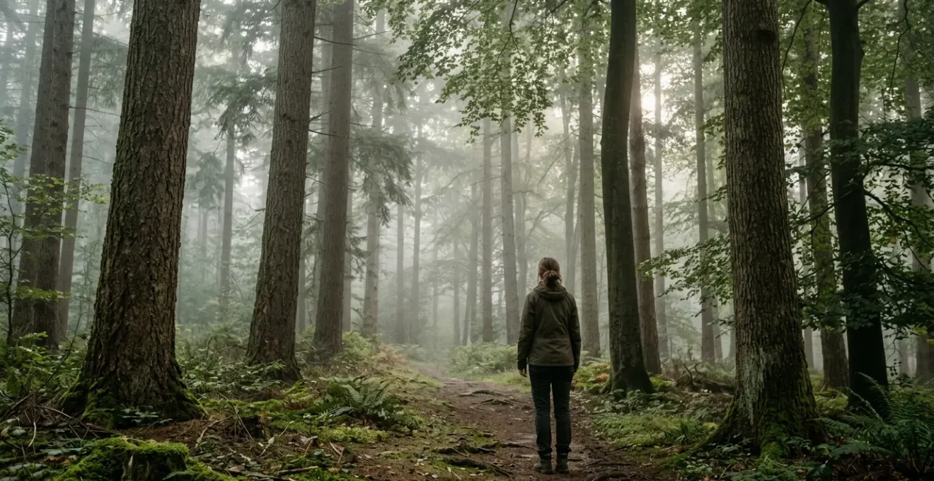 Person standing peacefully among towering trees in a misty forest with dappled sunlight filtering through the canopy