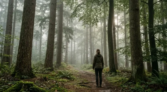 Person standing peacefully among towering trees in a misty forest with dappled sunlight filtering through the canopy