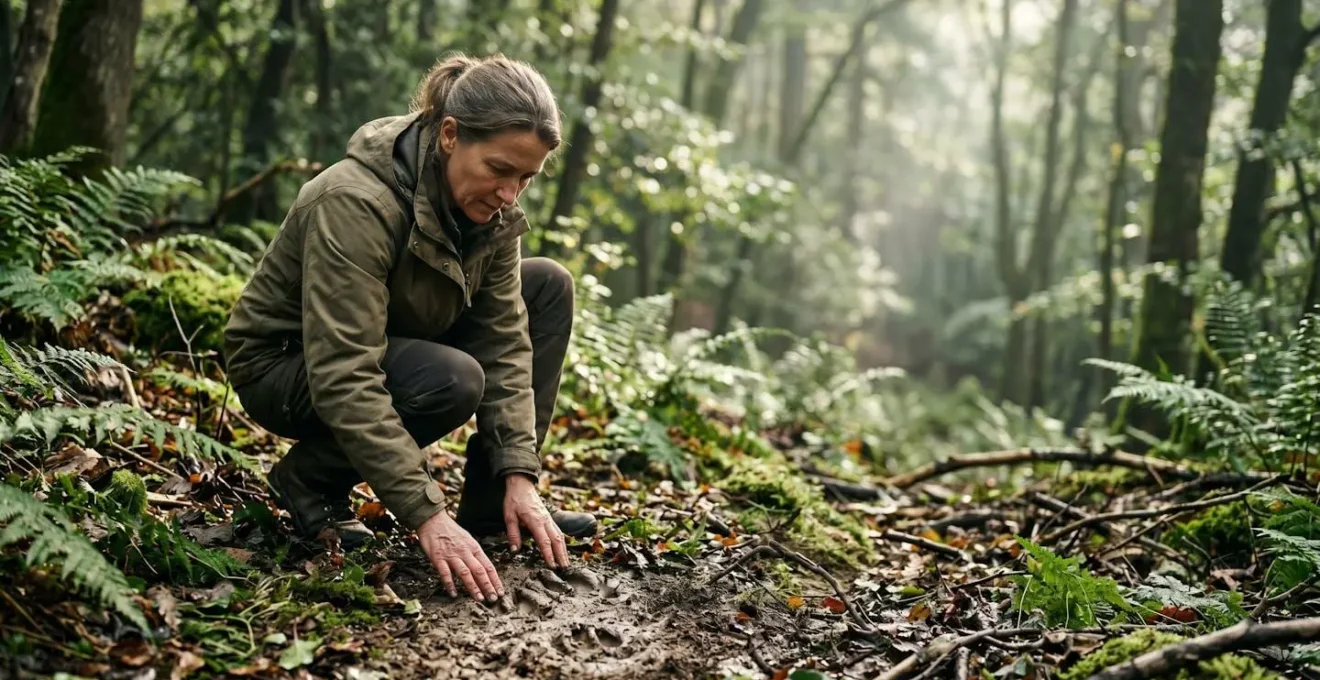Experienced hiker practicing silent forest observation techniques while tracking wildlife through dense woodland habitat