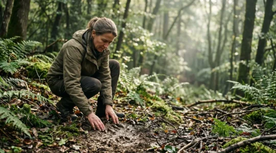 Experienced hiker practicing silent forest observation techniques while tracking wildlife through dense woodland habitat