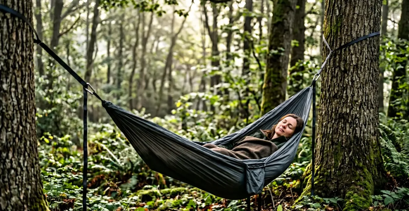 Person sleeping comfortably in a camping hammock using the diagonal technique in a forest setting