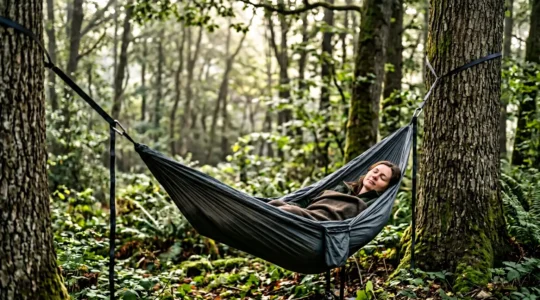 Person sleeping comfortably in a camping hammock using the diagonal technique in a forest setting