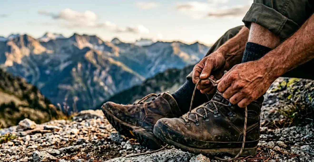 Close-up of experienced hiker lacing professional leather hiking boots on mountain trail preparing for day one trek