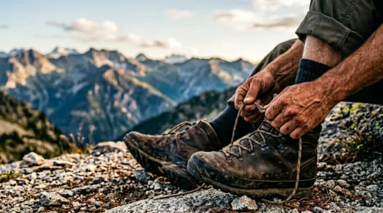 Close-up of experienced hiker lacing professional leather hiking boots on mountain trail preparing for day one trek