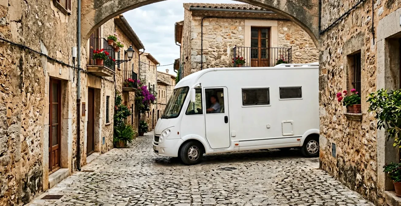 Large motorhome carefully navigating a narrow European village street with stone buildings on both sides