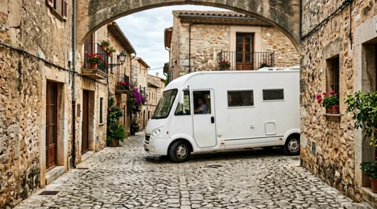 Large motorhome carefully navigating a narrow European village street with stone buildings on both sides