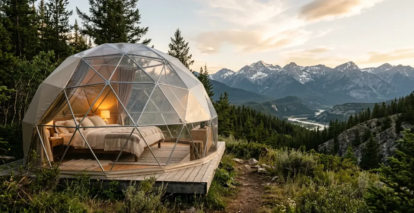 Editorial comparison showcasing luxury glamping accommodation against traditional hotel environment, emphasizing outdoor connection and premium comfort