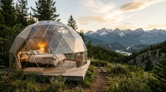 Editorial comparison showcasing luxury glamping accommodation against traditional hotel environment, emphasizing outdoor connection and premium comfort