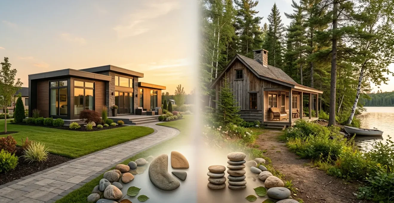 Modern luxury mobile home and traditional cottage side by side representing investment comparison