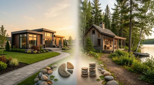 Modern luxury mobile home and traditional cottage side by side representing investment comparison
