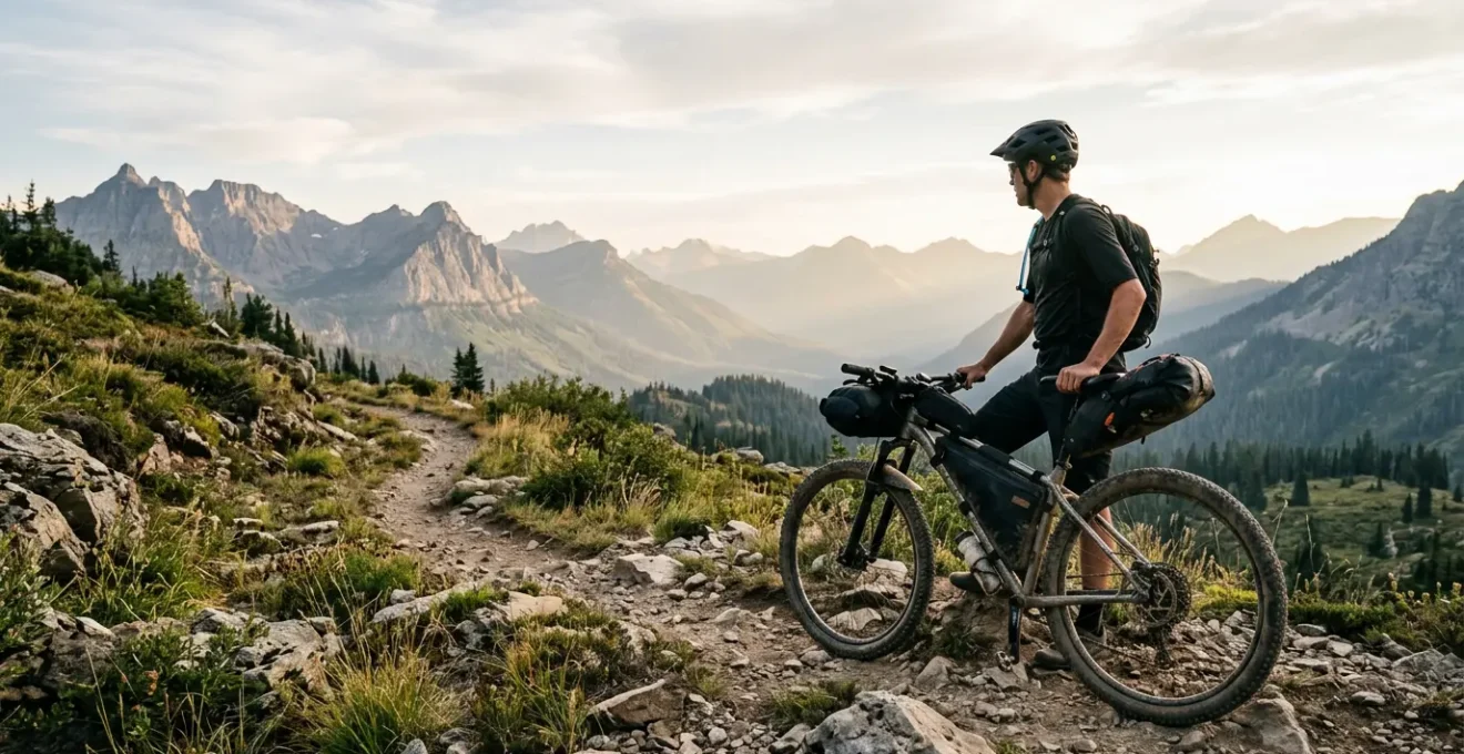 Mountain biker with fully loaded bikepacking setup on rugged trail overlooking vast wilderness landscape
