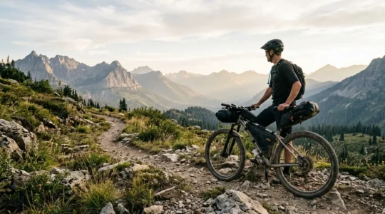 Mountain biker with fully loaded bikepacking setup on rugged trail overlooking vast wilderness landscape