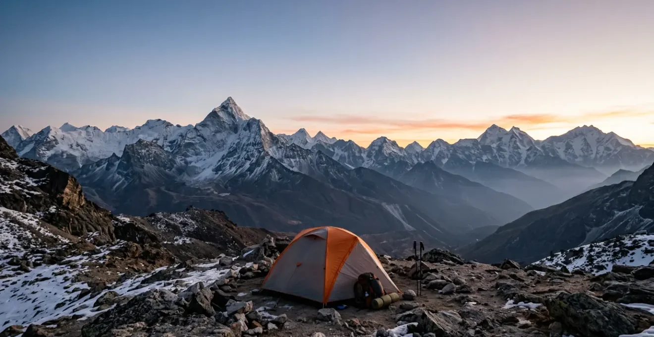 High-altitude mountain campsite above 2000 meters with sleeping shelter in alpine environment