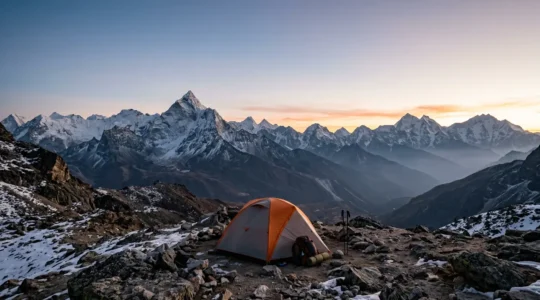 High-altitude mountain campsite above 2000 meters with sleeping shelter in alpine environment