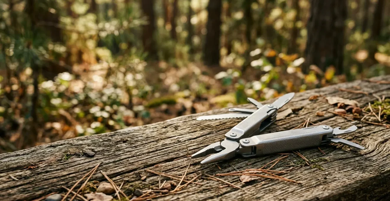 A minimalist camping multi-tool placed on natural wood surface with soft ambient light emphasizing its compact design and functionality