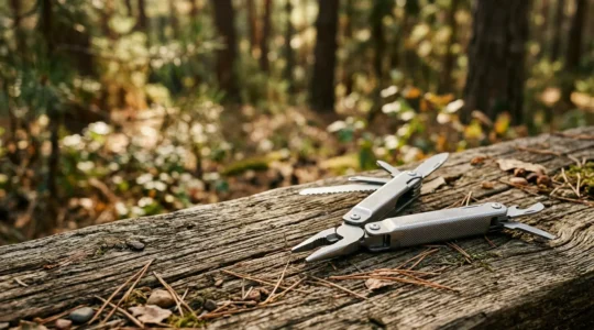 A minimalist camping multi-tool placed on natural wood surface with soft ambient light emphasizing its compact design and functionality
