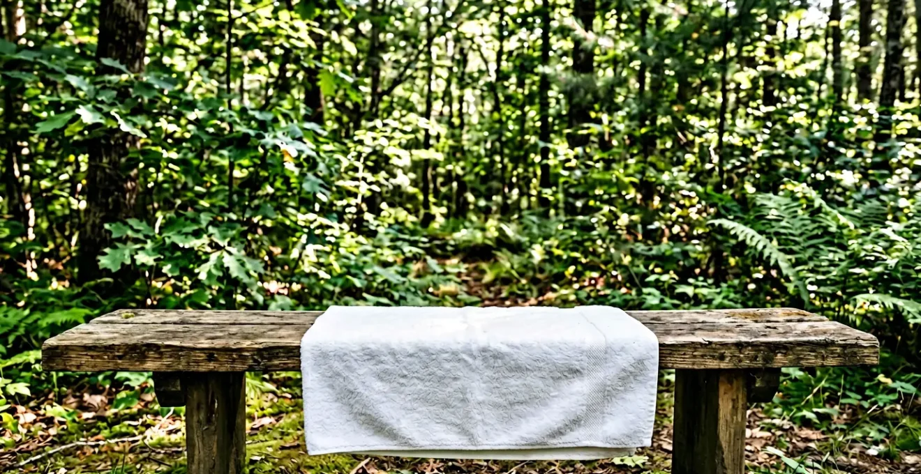 A clean white towel carefully positioned on a wooden bench in a natural outdoor camping setting with dappled sunlight filtering through trees