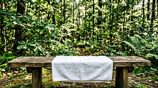 A clean white towel carefully positioned on a wooden bench in a natural outdoor camping setting with dappled sunlight filtering through trees