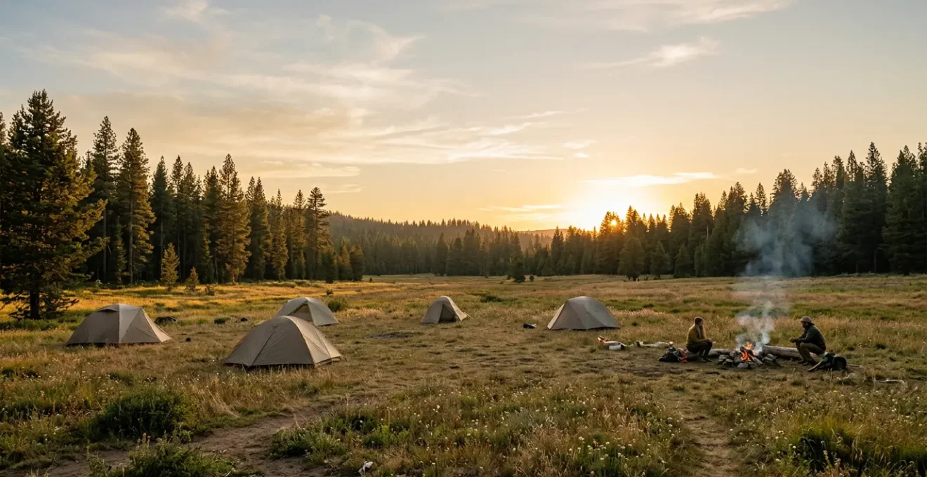 Serene campground at dusk with tents and campers respecting quiet hours