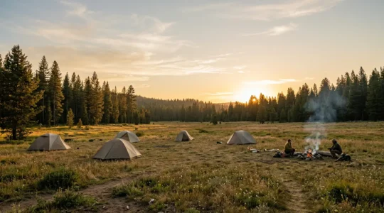 Serene campground at dusk with tents and campers respecting quiet hours