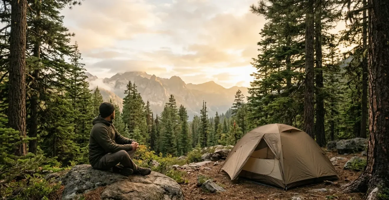 A person sitting peacefully in front of a tent at a wilderness campsite, engaging with nature, surrounded by trees and mountains, without any digital devices visible