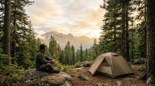 A person sitting peacefully in front of a tent at a wilderness campsite, engaging with nature, surrounded by trees and mountains, without any digital devices visible